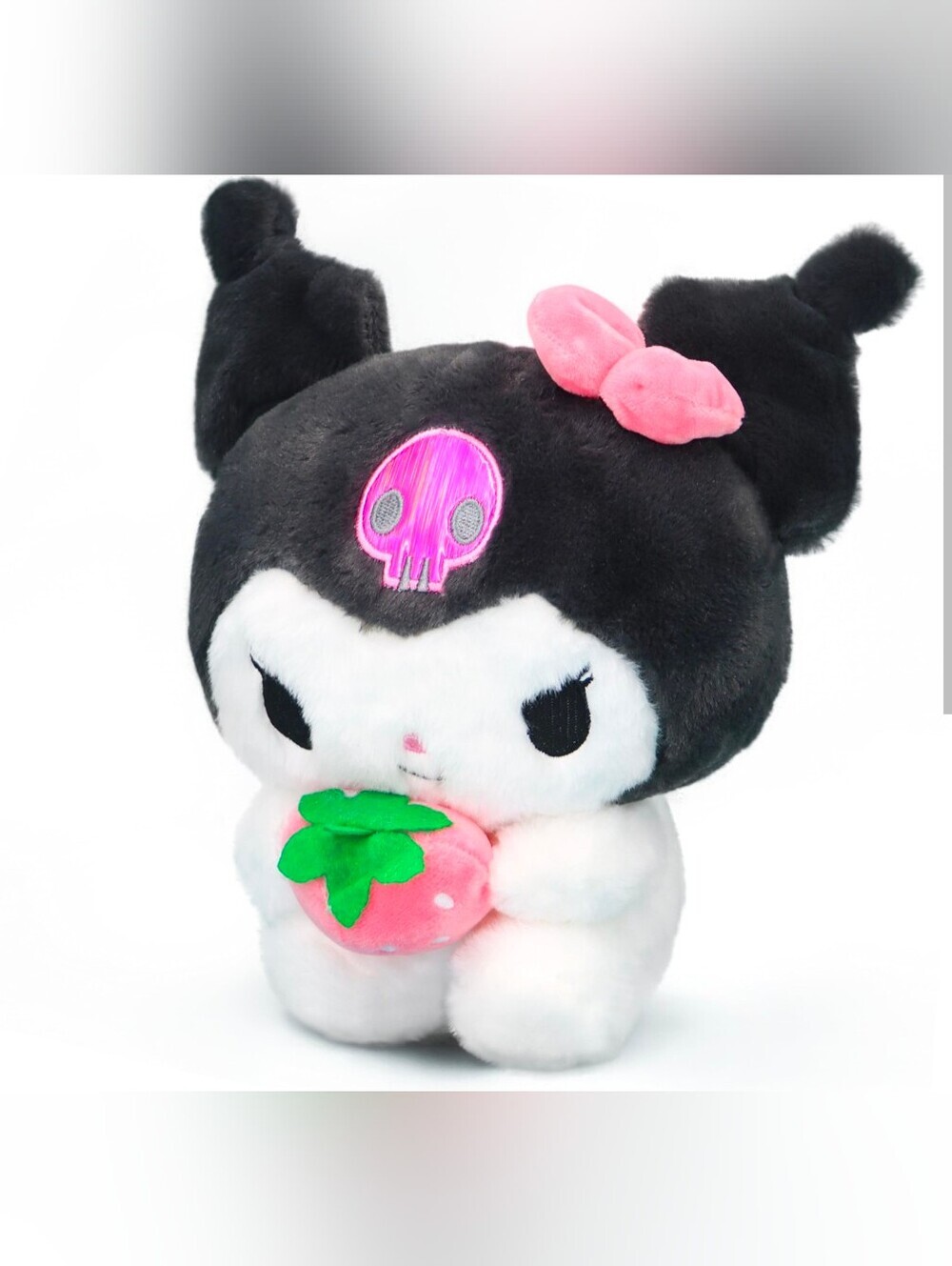 Kuromi Black & White Plush Character with Pink Bow and Strawberry Nwot